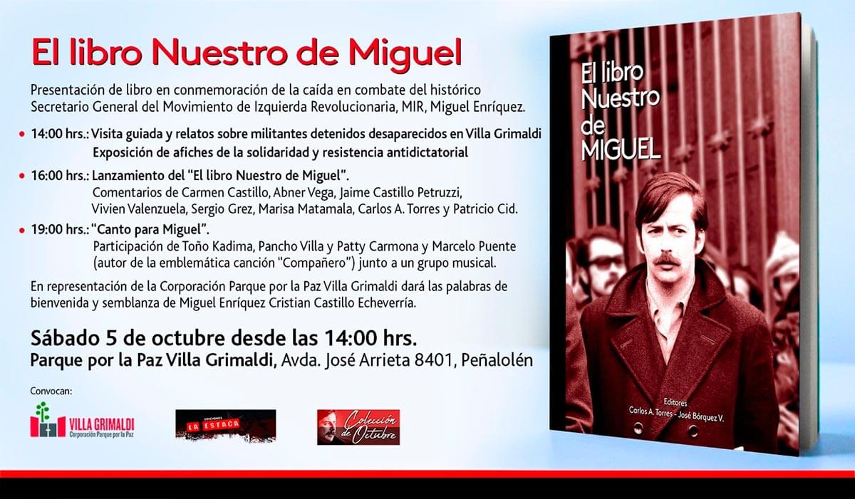 Invitación a la presentación en Villa Grimaldi de este libro sobre Miguel